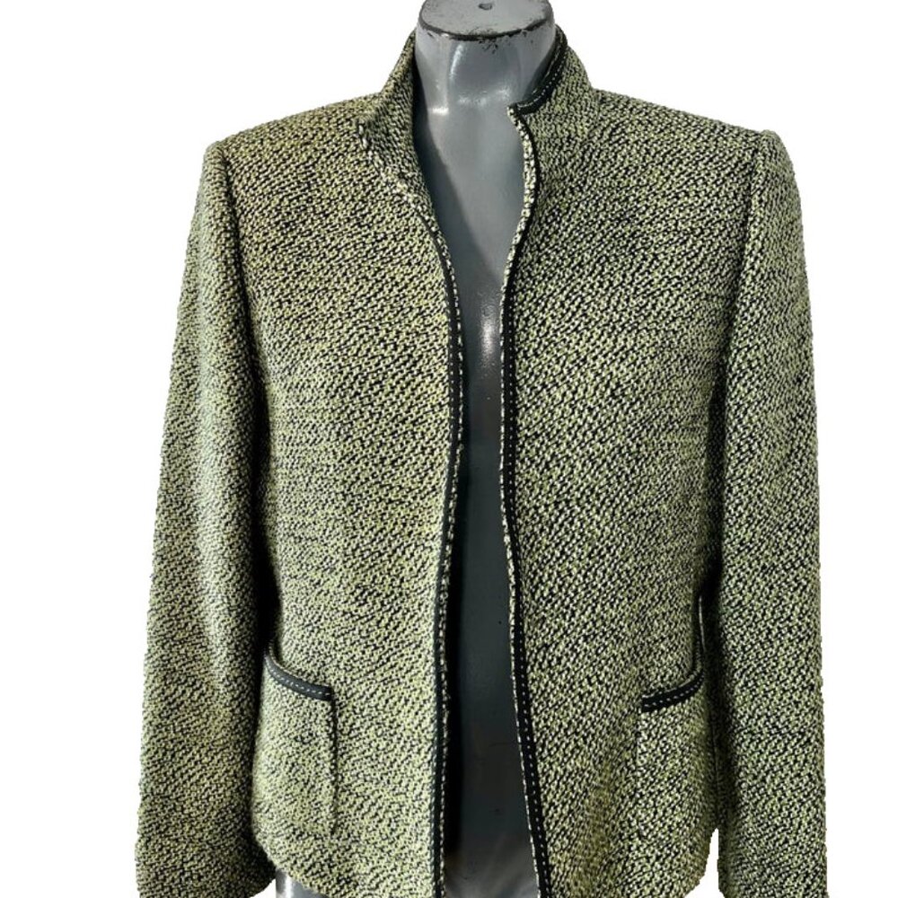 Tahari Womens 90’s Green Black Lined Long Sleeve Tweet Open Front Jacket Size 12